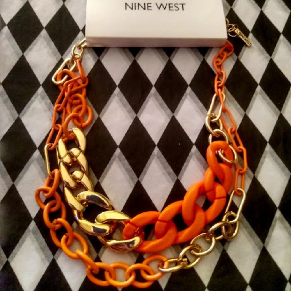 NINE WEST 1980's Inspired Gold/Neon Orange Link Layered Necklace**NEW!